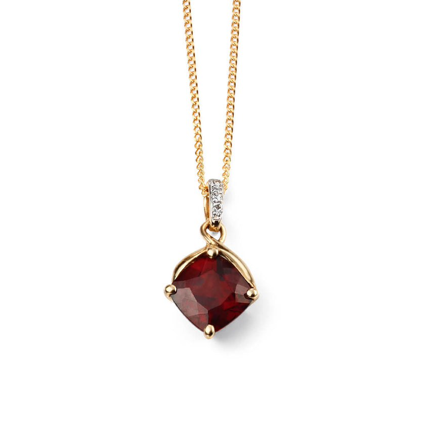 Elements Gold Square Garnet Drop Pendant with Diamond Set Bale