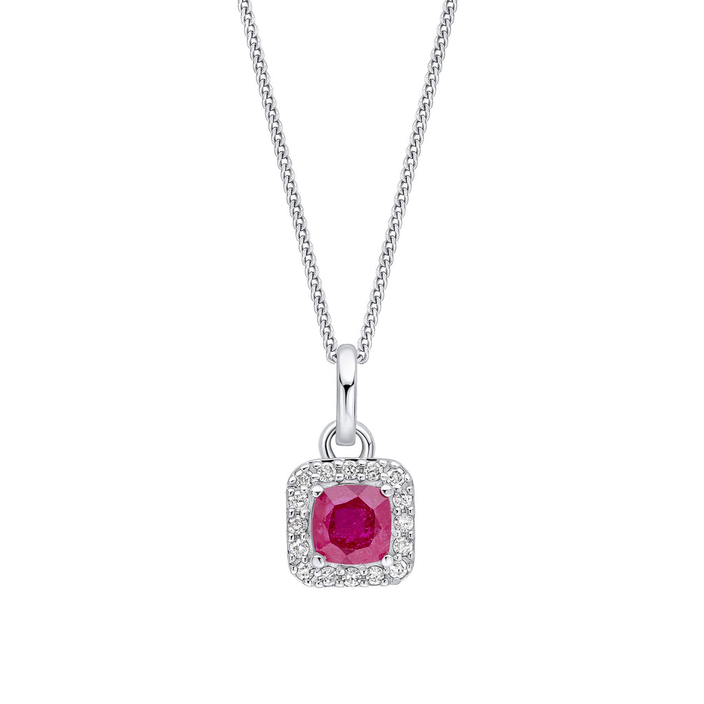 Elements Gold Anhänger aus Rotgold mit kissenförmigem Rubin und Diamant-Halo