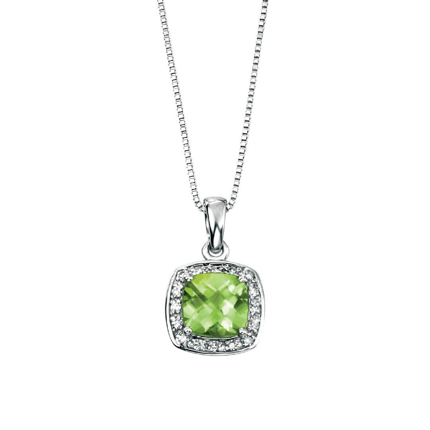 Elements Gold Cushion Cut Peridot Pendant with Diamond Surround