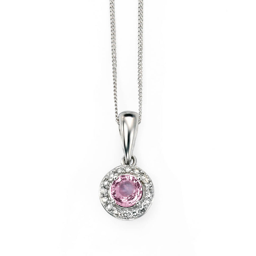 Elements Gold Pink Sapphire Pendant with Diamond Surround