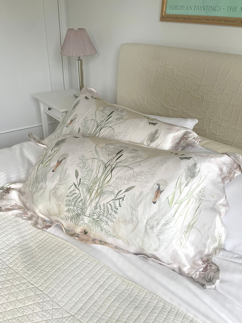Cream and neutral Silk Pillowcase in hand painted 'Graceful' print, Standard size Oxford style Pillowcase