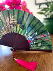 Green hand-held silk fan with 'Greenery' mushroom and crystal botanical artwork