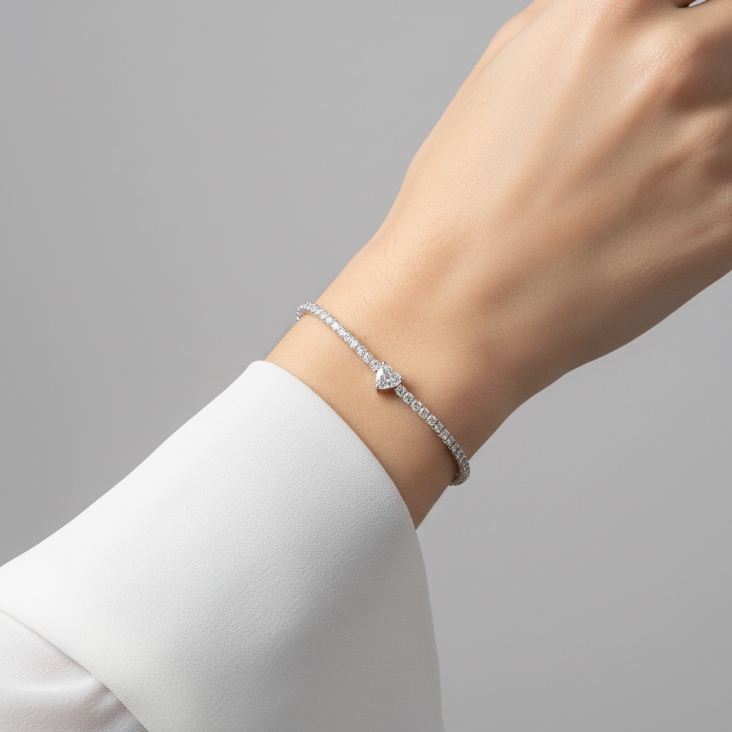 Sterling Silver tennis chain heart bracelet