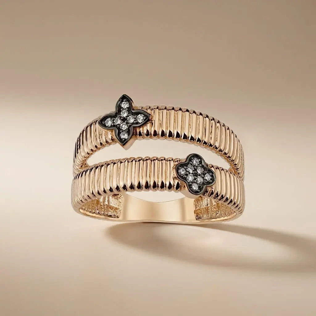 14ct/14K Rose Gold Natural Diamond Ring – Double Clover Diamond