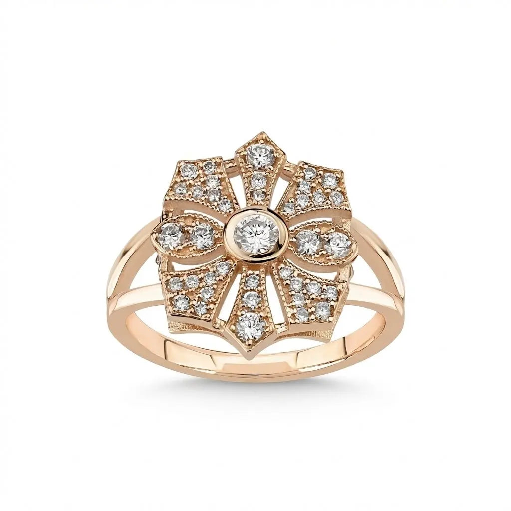 14ct/14K Rose Gold Natural Diamond Ring – Vintage Floral Diamond