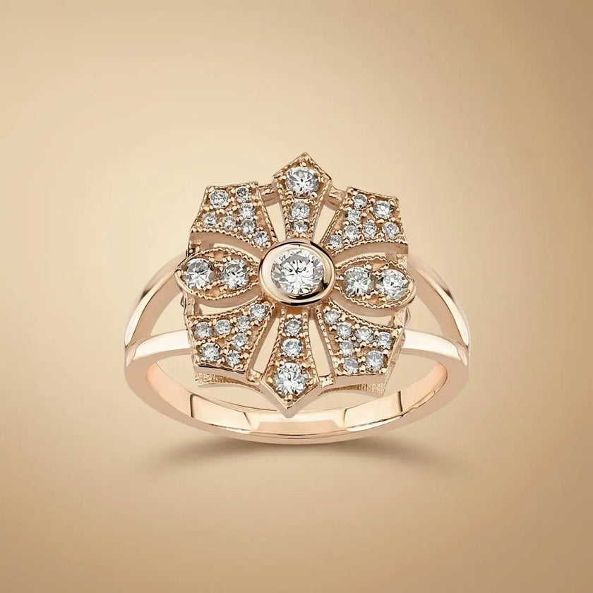 14ct/14K Rose Gold Natural Diamond Ring – Vintage Floral Diamond