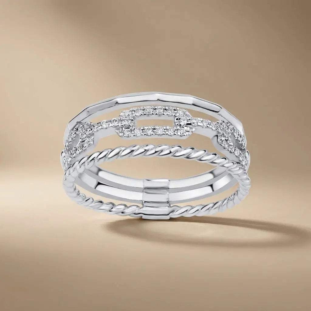 14ct/14K White Gold Natural Diamond Ring – Triple Pavé Diamond