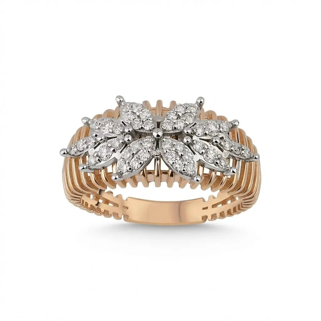 14ct/14K Gold Natural Diamond Ring – Floral Cluster Diamond Statement