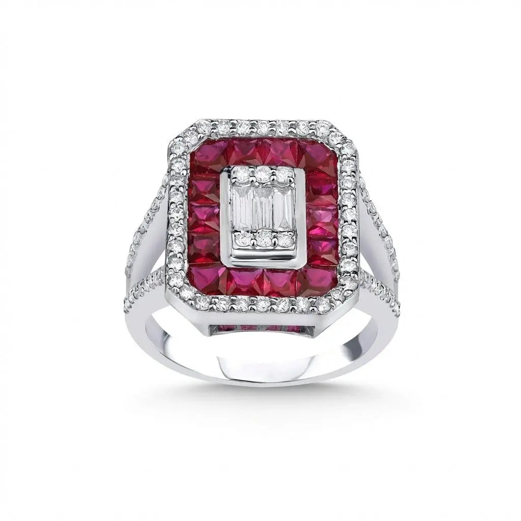 14ct/14K White Gold Natural Ruby & Diamond Ring – Ruby Diamond Halo Statement