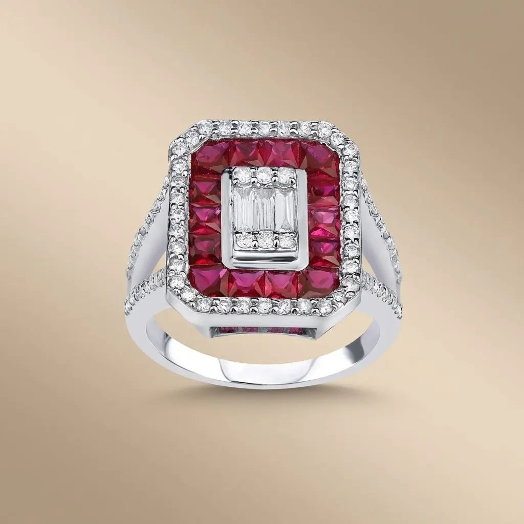14ct/14K White Gold Natural Ruby & Diamond Ring – Ruby Diamond Halo Statement