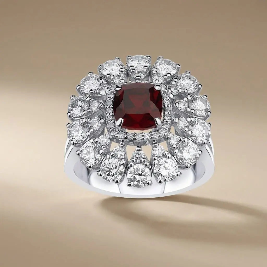 14ct/14K White Gold Natural Ruby & Diamond Ring – Ruby Diamond Floral Halo