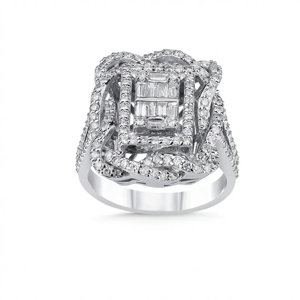 14ct/14K White Gold Natural Diamond Ring – Baguette Pavé Diamond Statement