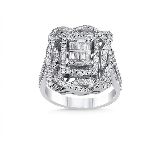 14ct/14K White Gold Natural Diamond Ring – Baguette Pavé Diamond Statement