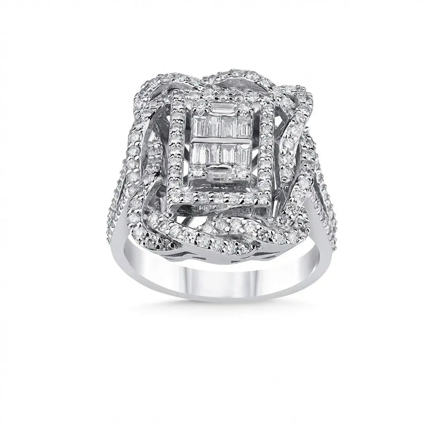 14ct/14K White Gold Natural Diamond Ring – Baguette Pavé Diamond Statement
