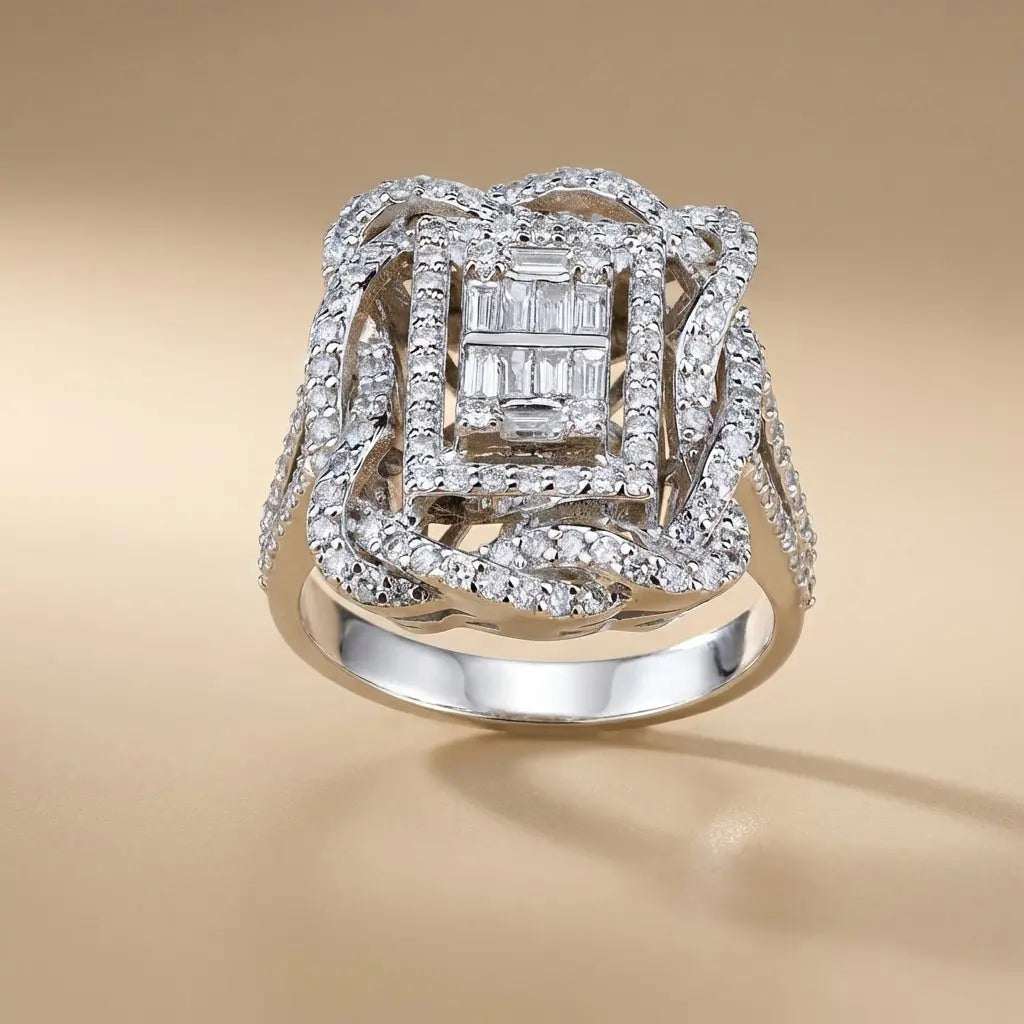 14ct/14K White Gold Natural Diamond Ring – Luxury Baguette Pavé Diamond Statement