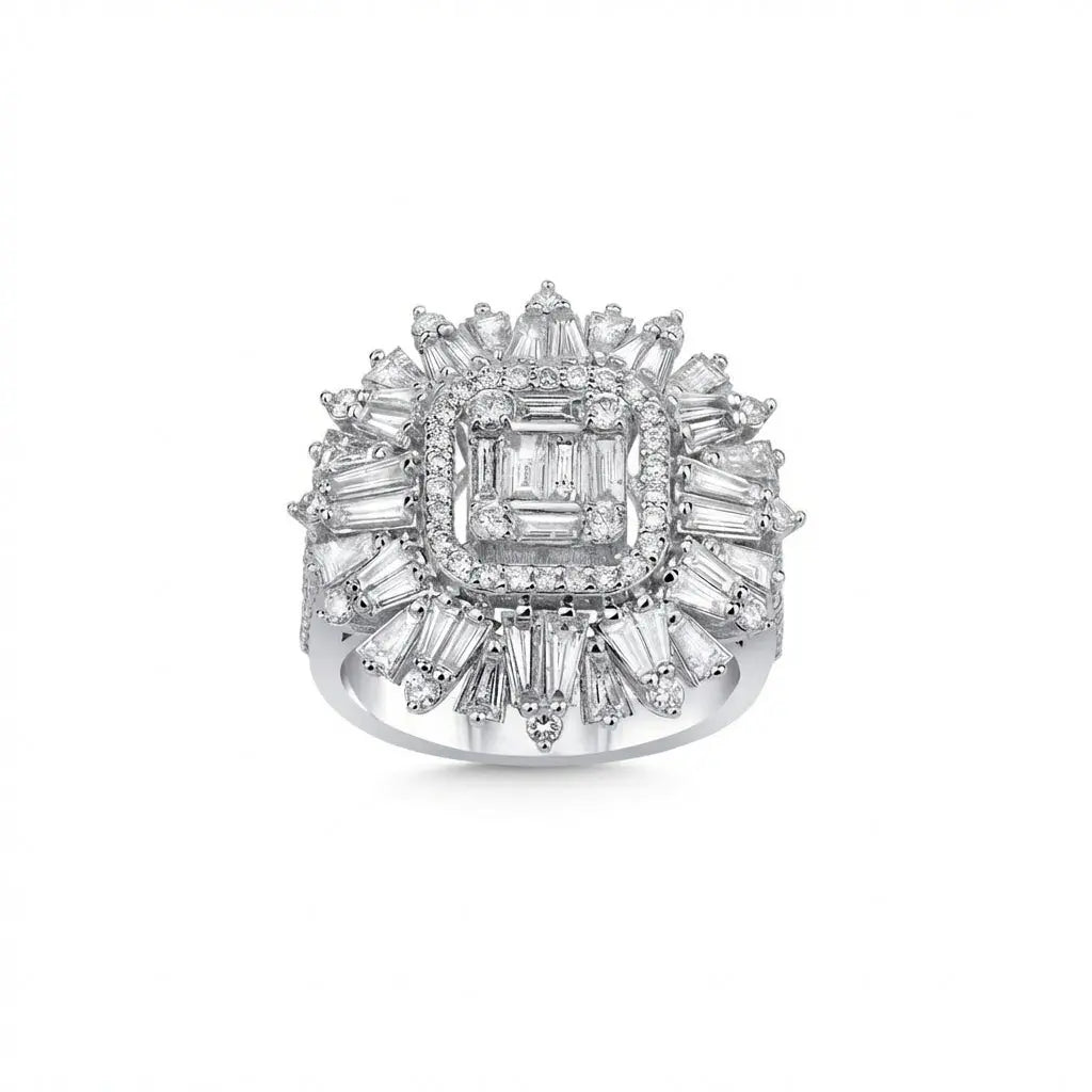 14ct/14K White Gold Natural Diamond Ring – Baguette Diamond Sunburst Statement