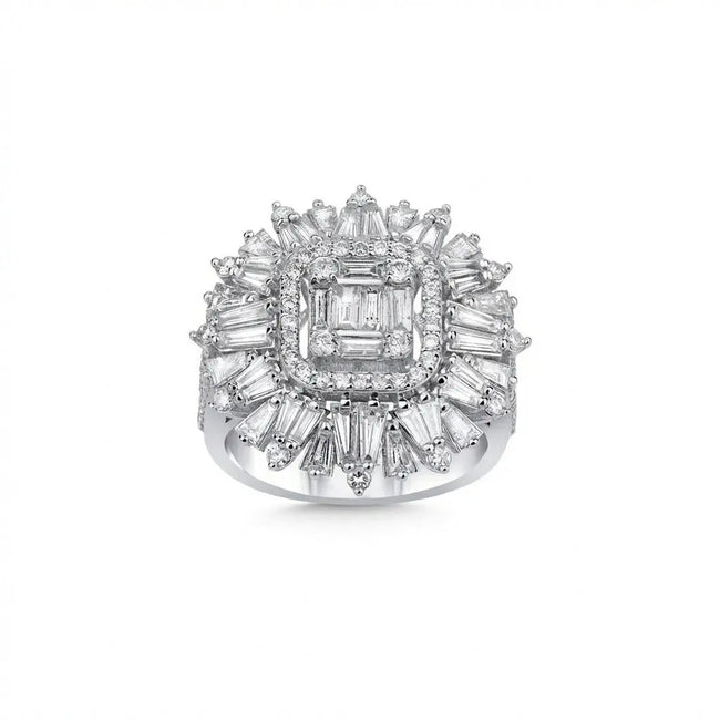 14ct/14K White Gold Natural Diamond Ring – Baguette Diamond Sunburst Statement