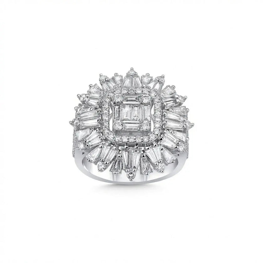 Anillo de oro blanco de 14 ct/14 K con diamantes naturales – Baguette, diamante, radiante, ostentoso