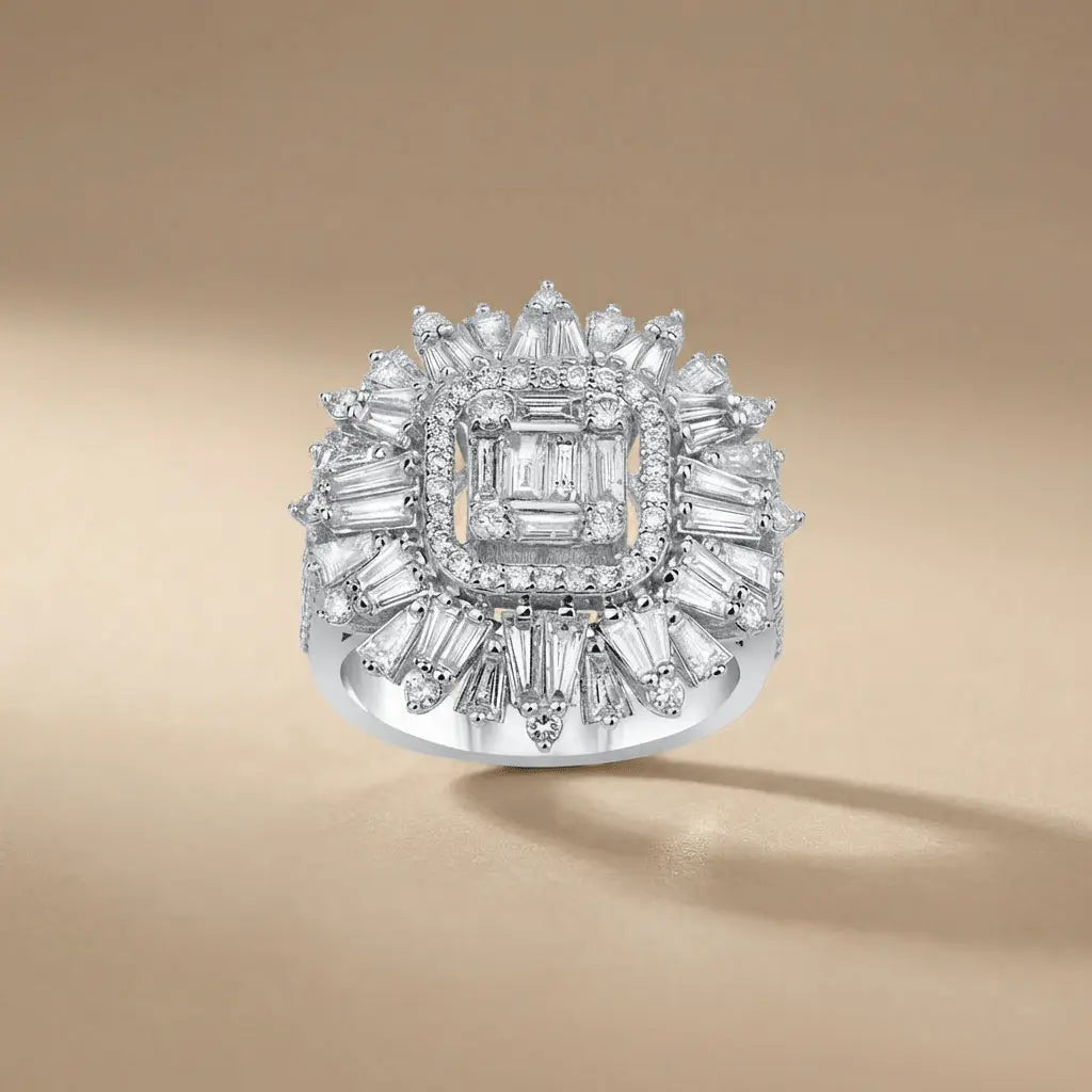 Anillo de oro blanco de 14 ct/14 K con diamantes naturales – Baguette, diamante, radiante, ostentoso