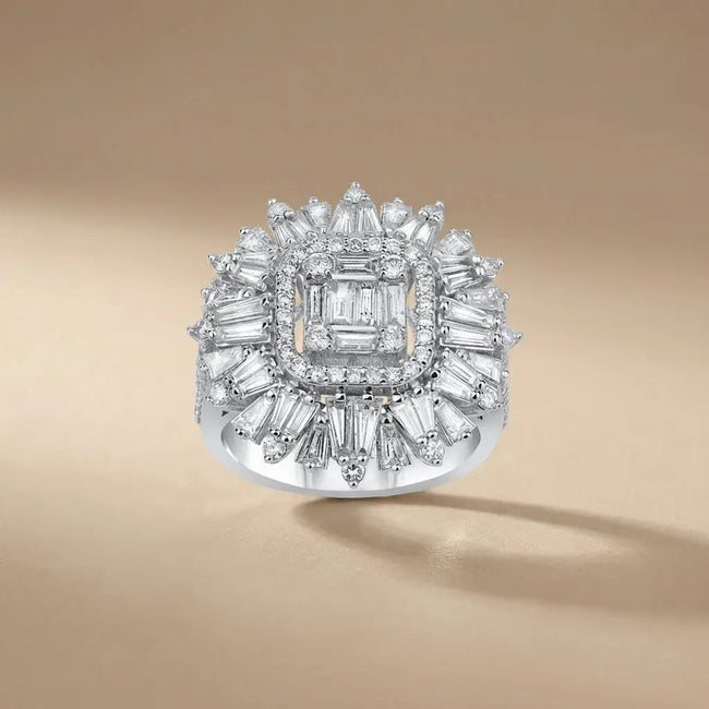 14ct/14K White Gold Natural Diamond Ring – Baguette Diamond Sunburst Statement