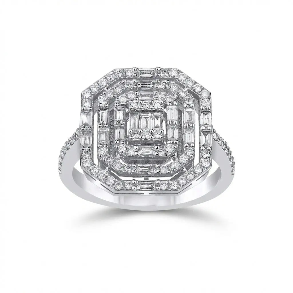 14ct/14K White Gold Natural Diamond Engagement Ring – Geometric Baguette Halo Diamond 0.85ct