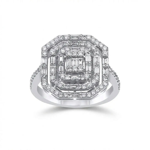 14ct/14K White Gold Natural Diamond Engagement Ring – Geometric Baguette Halo Diamond 0.85ct
