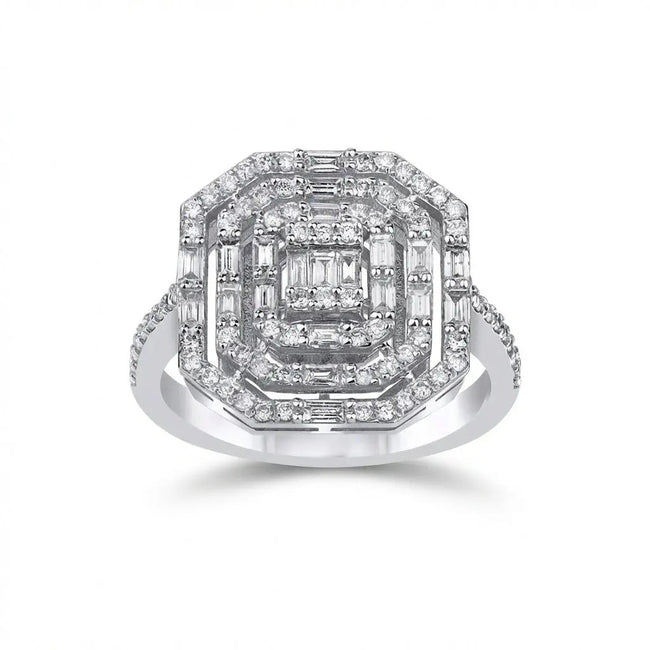 14ct/14K White Gold Natural Diamond Engagement Ring – Geometric Baguette Halo Diamond 0.85ct