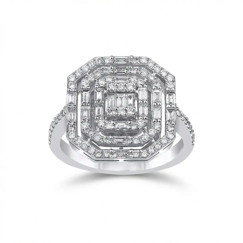 14ct/14K White Gold Natural Diamond Engagement Ring – Geometric Baguette Halo Diamond 0.85ct