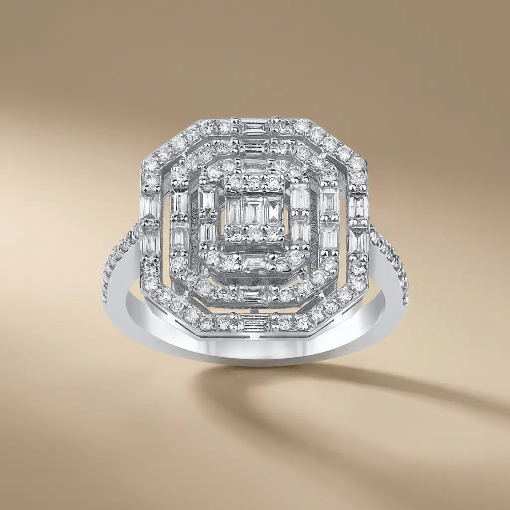 14ct/14K White Gold Natural Diamond Engagement Ring – Geometric Baguette Halo Diamond 0.85ct