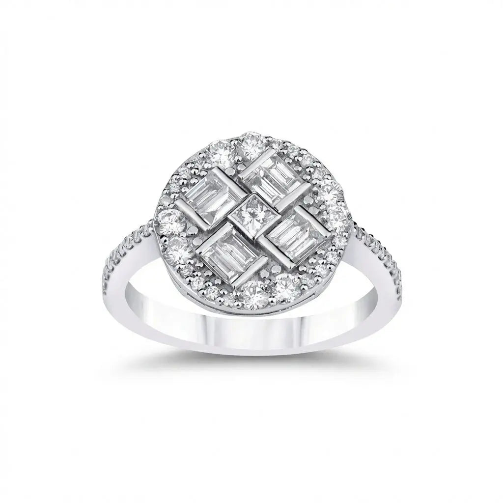 14ct/14K White Gold Natural Diamond Ring – Baguette Round Diamond Cluster 0.96ct