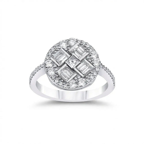 14ct/14K White Gold Natural Diamond Ring – Baguette Round Diamond Cluster 0.96ct