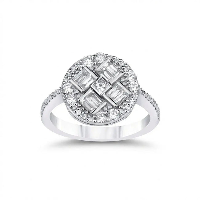 14ct/14K White Gold Natural Diamond Ring – Baguette Round Diamond Cluster 0.96ct