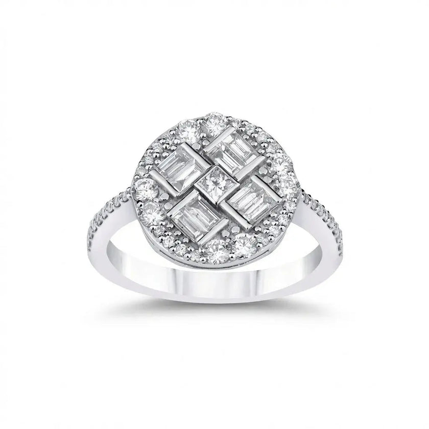 14ct/14K White Gold Natural Diamond Ring – Baguette Round Diamond Cluster 0.96ct