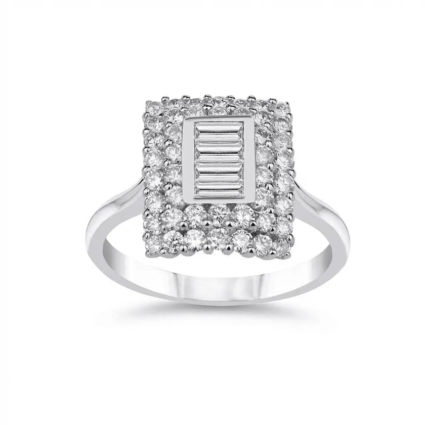 14ct/14K White Gold Natural Diamond Ring – Square Baguette Diamond Halo 1.09ct