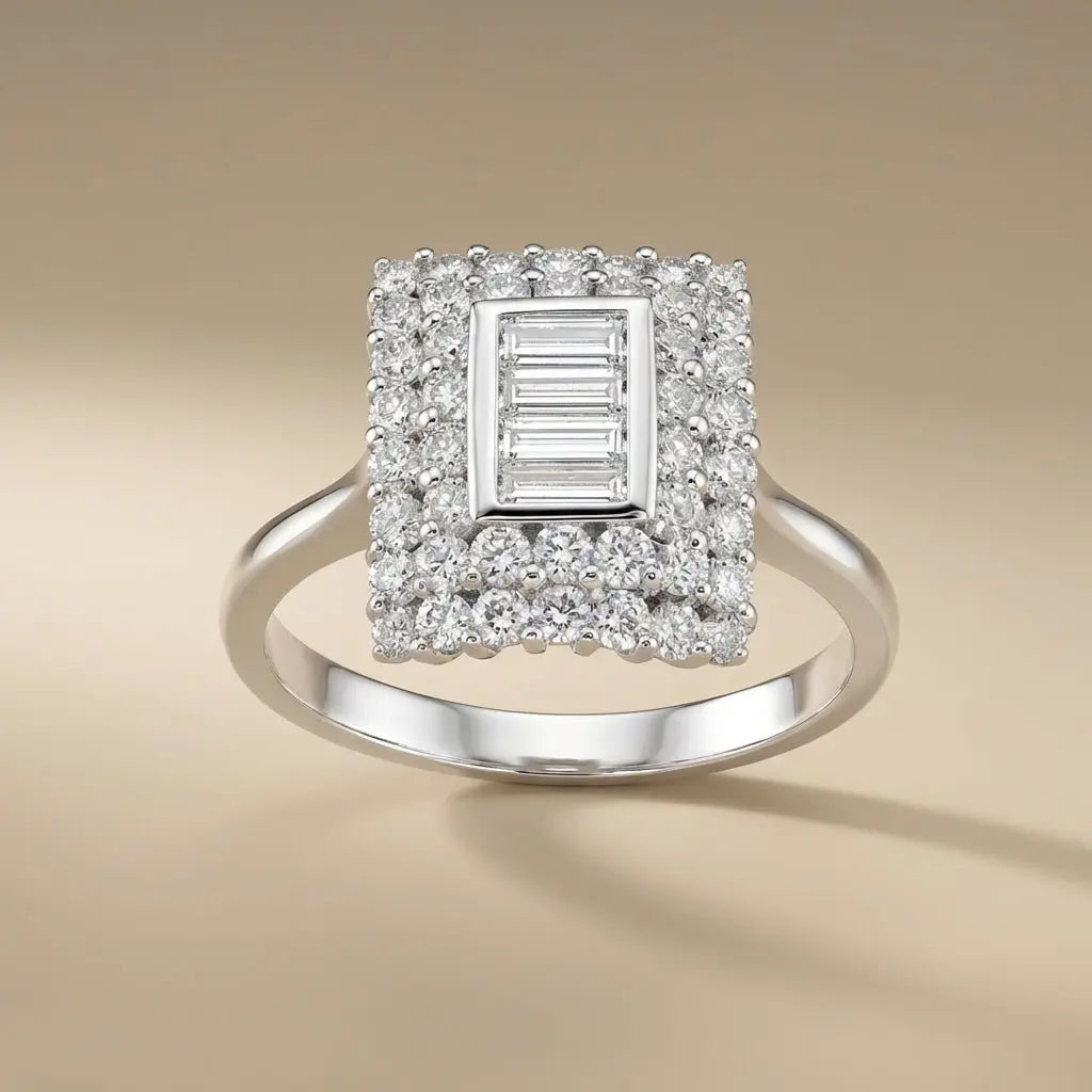 14ct/14K White Gold Natural Diamond Ring – Square Baguette Diamond Halo 1.09ct