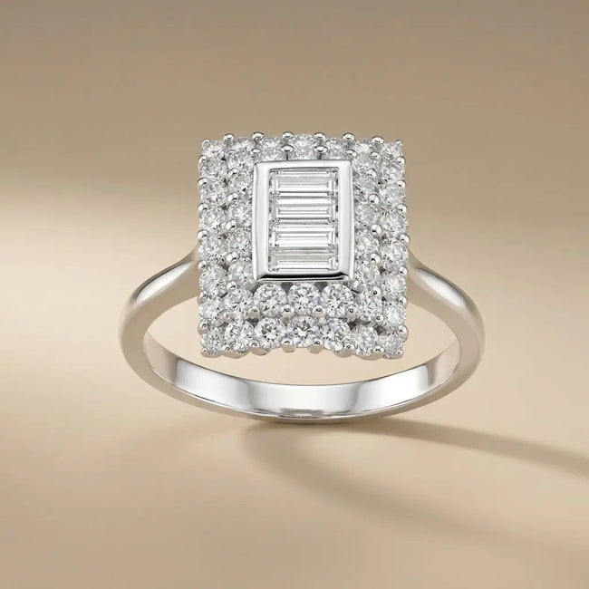 14ct/14K White Gold Natural Diamond Ring – Square Baguette Diamond Halo 1.09ct