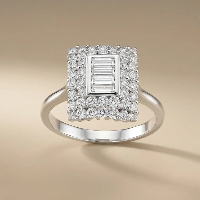 14ct/14K White Gold Natural Diamond Ring – Square Baguette Diamond Halo 1.09ct