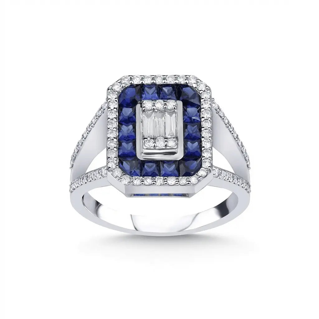14ct/14K White Gold Natural Sapphire & Diamond Ring – Sapphire Diamond Halo 0.44ct