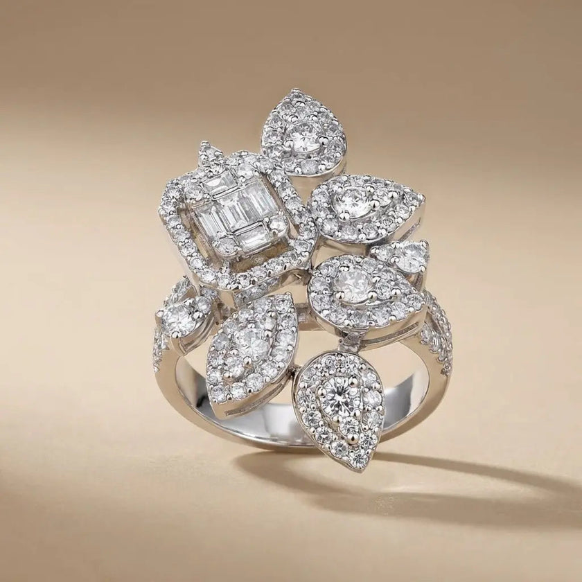 14ct/14K White Gold Natural Diamond Ring – Floral Diamond Cluster Statement 1.76ct