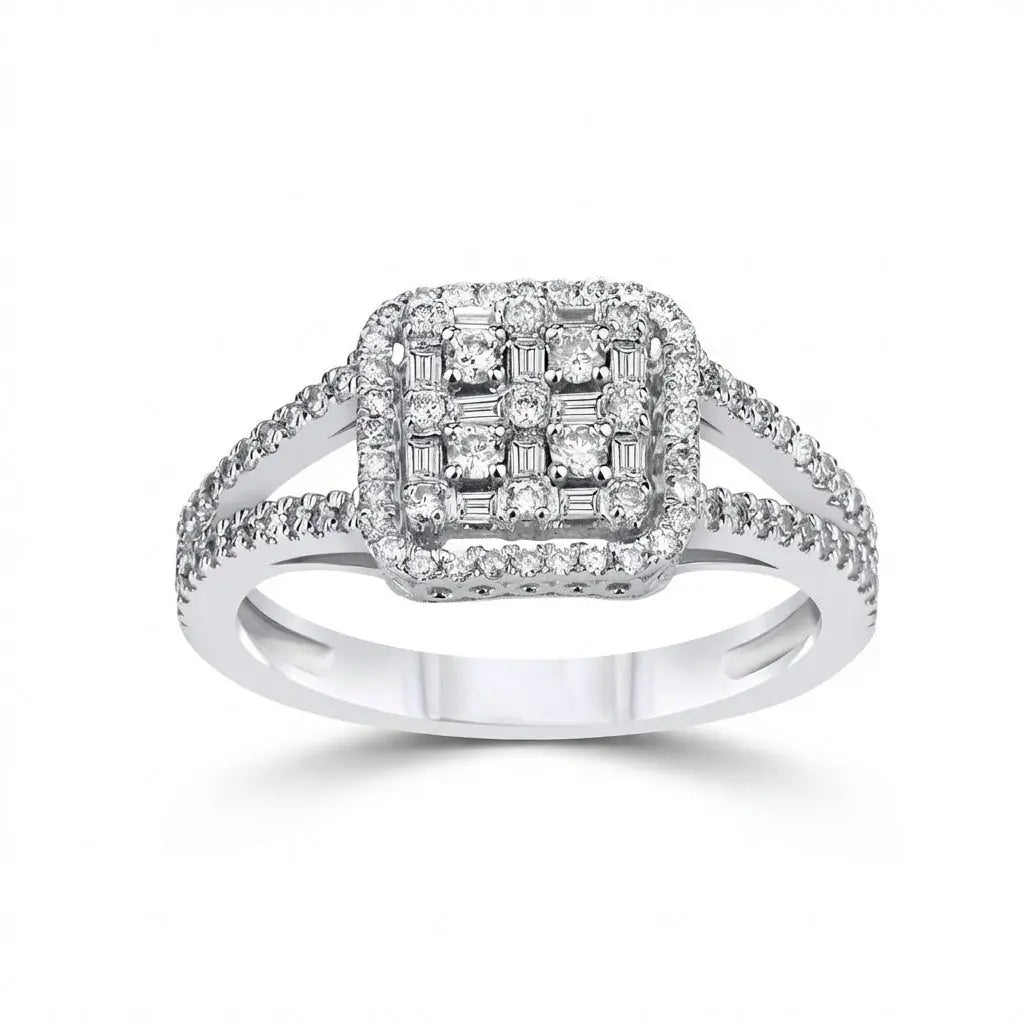 14ct/14K White Gold Natural Diamond Ring – Diamond Cluster Halo 0.95ct