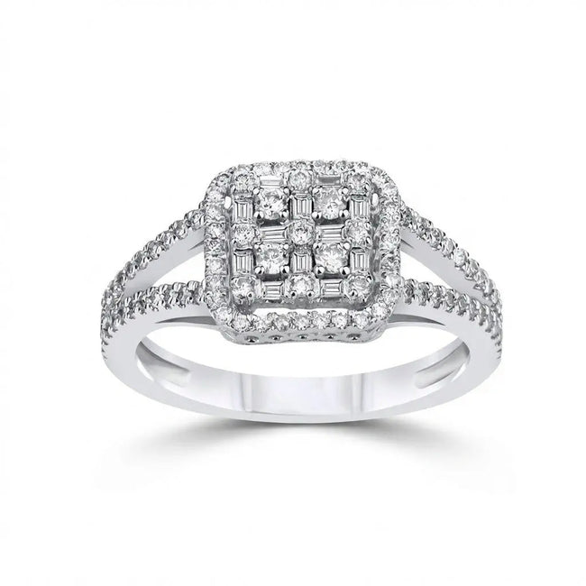 14ct/14K White Gold Natural Diamond Ring – Diamond Cluster Halo 0.95ct