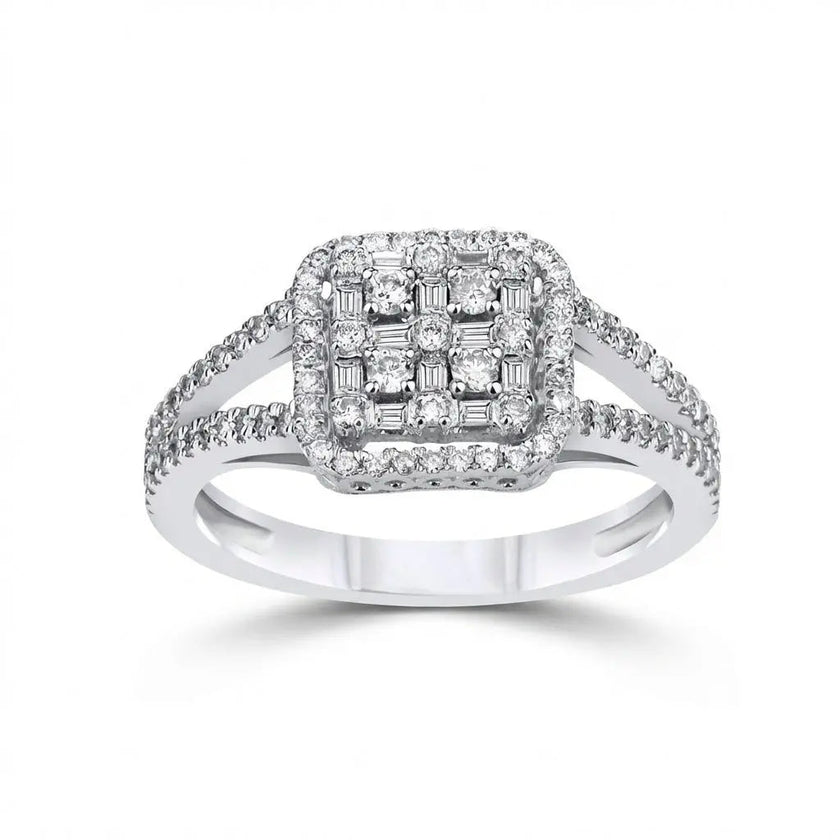 14ct/14K White Gold Natural Diamond Ring – Diamond Cluster Halo 0.95ct