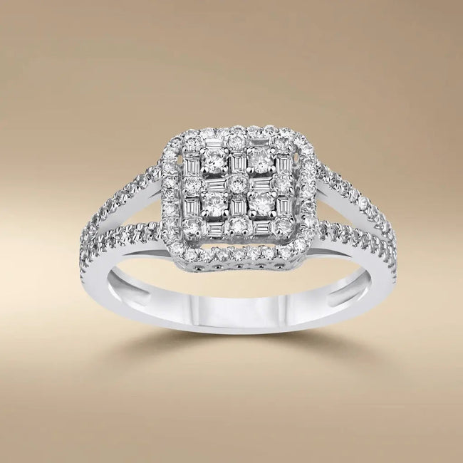14ct/14K White Gold Natural Diamond Ring – Diamond Cluster Halo 0.95ct