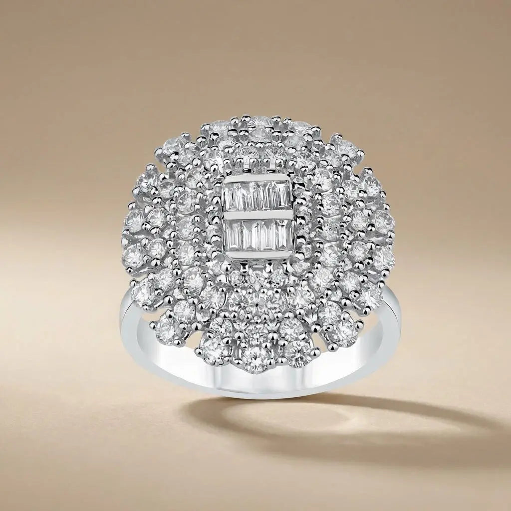 14ct/14K White Gold Natural Diamond Ring – Vintage Floral Diamond Cluster 1.43ct