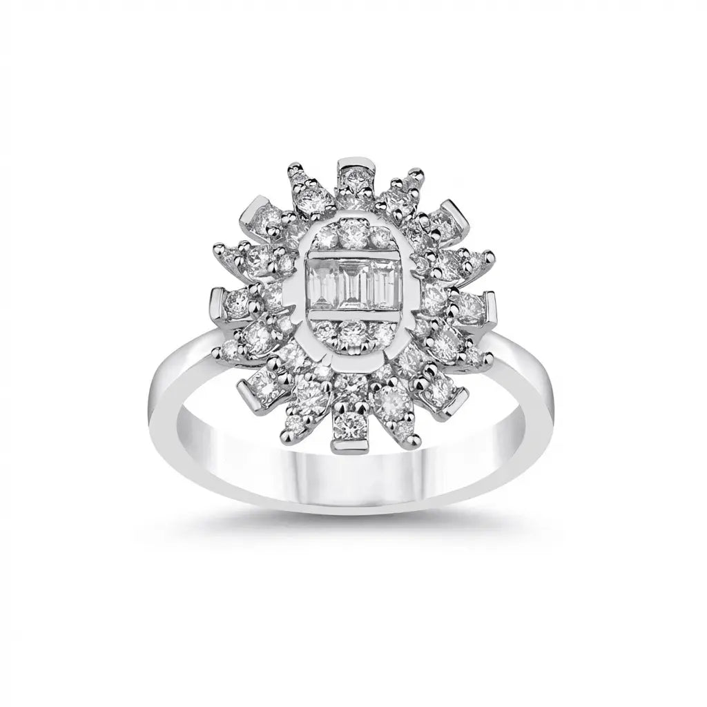 14ct/14K White Gold Natural Diamond Ring – Sunburst Diamond Cluster 0.71ct