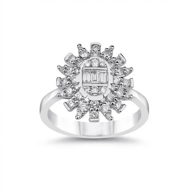 14ct/14K White Gold Natural Diamond Ring – Sunburst Diamond Cluster 0.71ct