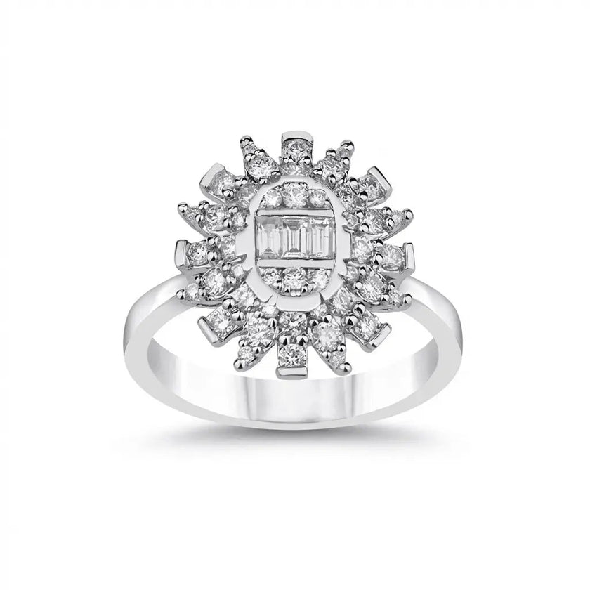 14ct/14K White Gold Natural Diamond Ring – Sunburst Diamond Cluster 0.71ct