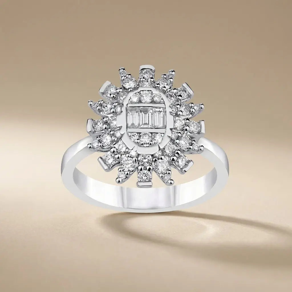 14ct/14K White Gold Natural Diamond Ring – Sunburst Diamond Cluster 0.71ct