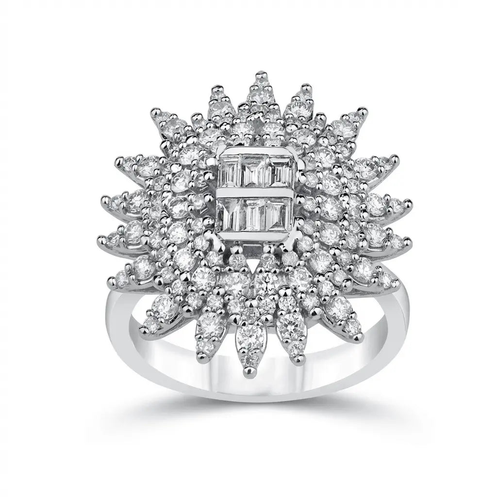 14ct/14K White Gold Natural Diamond Ring – Radiant Sunburst Diamond Statement 1.3ct