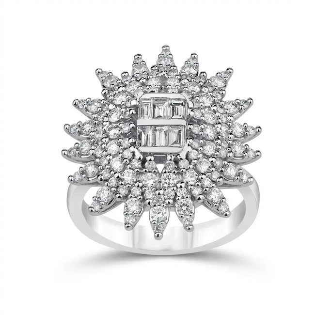 14ct/14K White Gold Natural Diamond Ring – Radiant Sunburst Diamond Statement 1.3ct